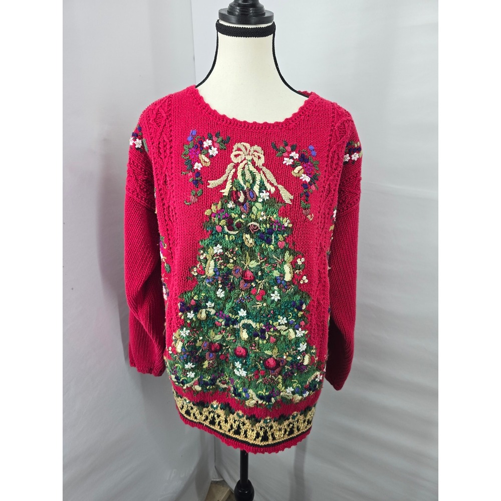 Heirloom Collectibles Vintage 1999 Christmas Tree Embroidered Sweater Red Medium